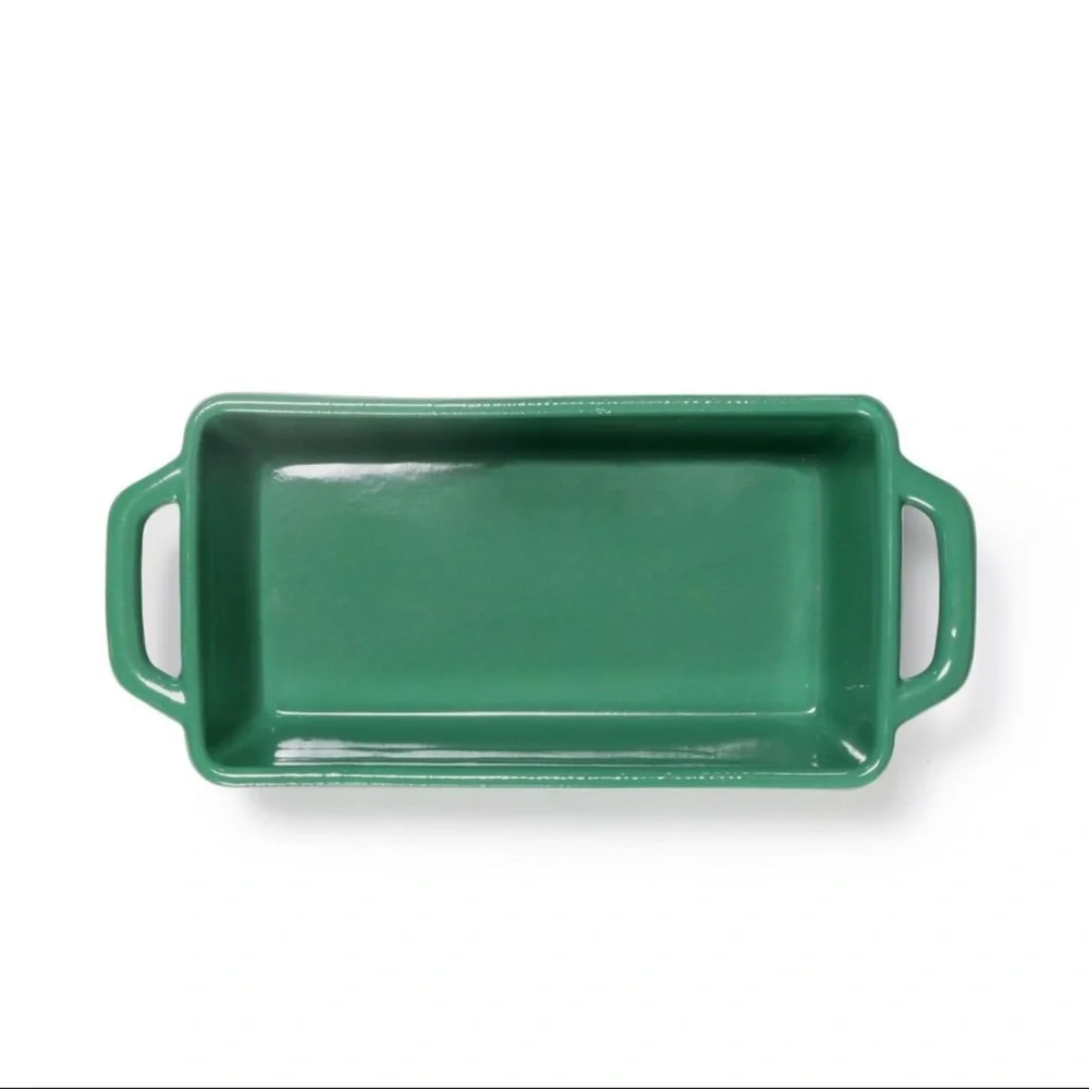 New! Green Holiday Bread Loaf Pan w/ Christmas Trees on sides Target Bullseye